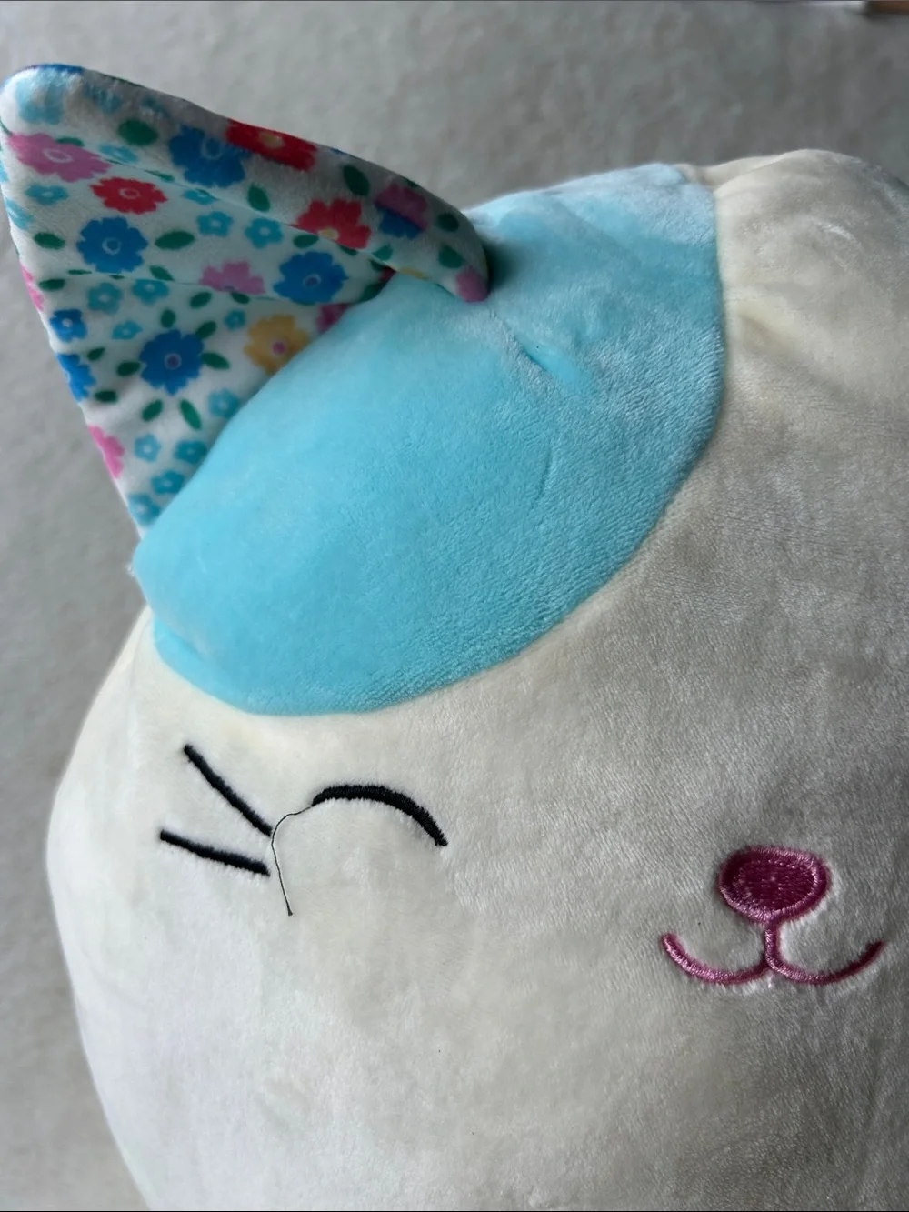Kelsa Plush Cat Squishmallow Pillow - Cream & Light Blue Floral Accent - Brand